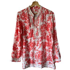 Malvin Hamburg Germany Linen Tunic Top Floral Boho Peasant Coastal Boho Tropical